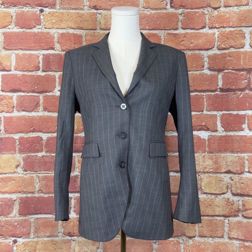 Theory‎ Virgin Wool 3 Button Pin Stripe Women's Career Blazer Jacket Size 8 Gray